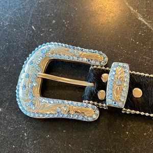 B.B. Simon Swarovski crystal black hair on hide belt with light blue Crystals.